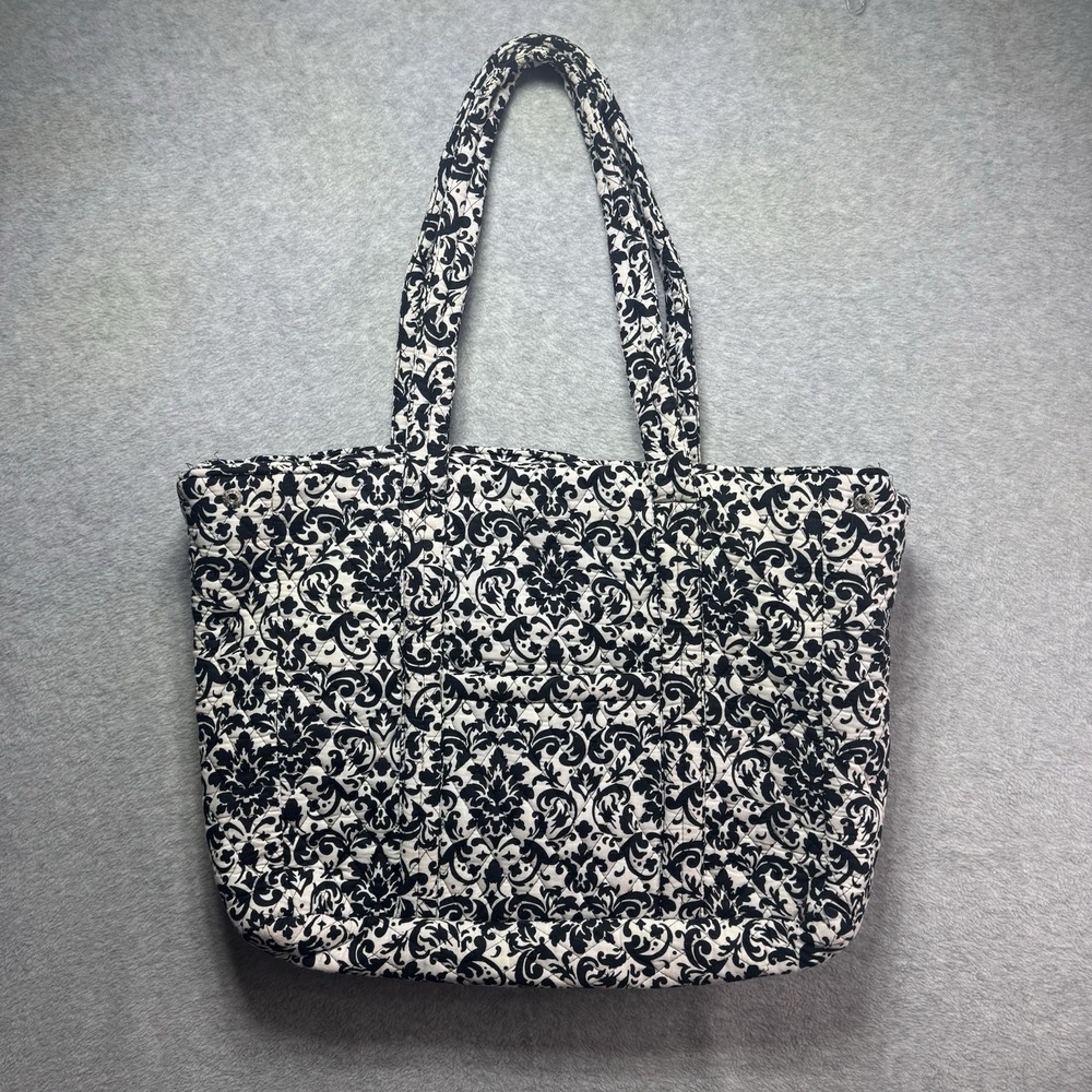 Hobby Lobby Large Bag Tote Cloth Black White Damask Green Liner Organize Pockets